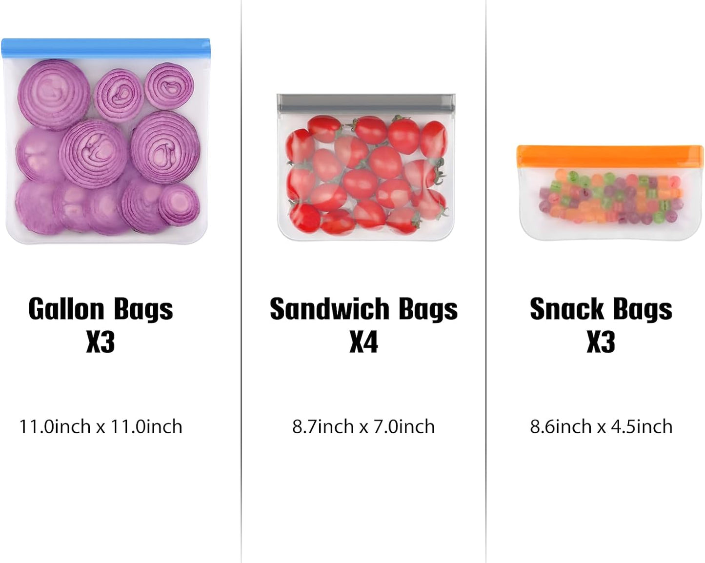 10 Pack Dishwasher Safe Reusable Bags, Leakproof Reusable Freezer Bags, BPA Free Food Storage Bags for Marinate Food Travel - 3 Gallon 4 Sandwich 3 Snack