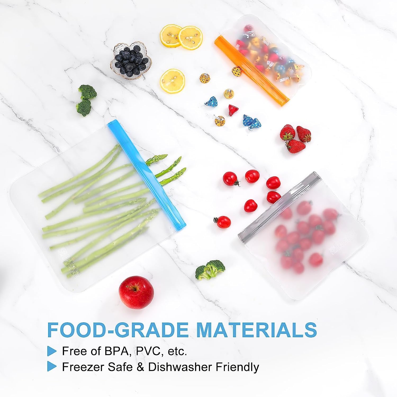 10 Pack Dishwasher Safe Reusable Bags, Leakproof Reusable Freezer Bags, BPA Free Food Storage Bags for Marinate Food Travel - 3 Gallon 4 Sandwich 3 Snack