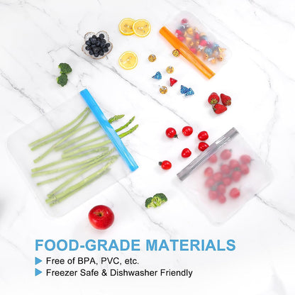 10 Pack Dishwasher Safe Reusable Bags, Leakproof Reusable Freezer Bags, BPA Free Food Storage Bags for Marinate Food Travel - 3 Gallon 4 Sandwich 3 Snack